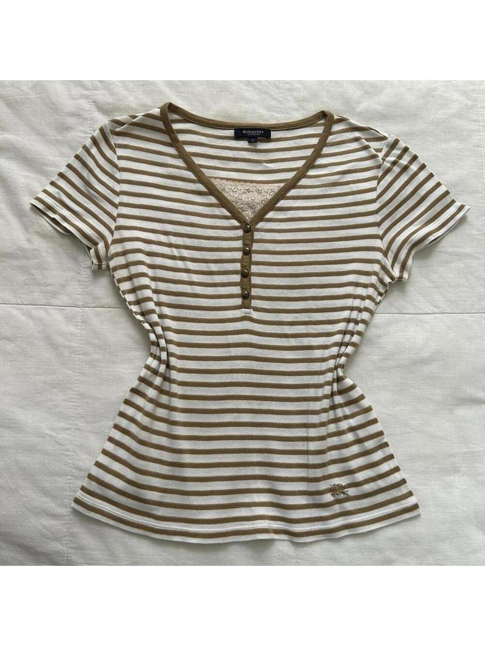 Burberry brown & white striped top with lace detail